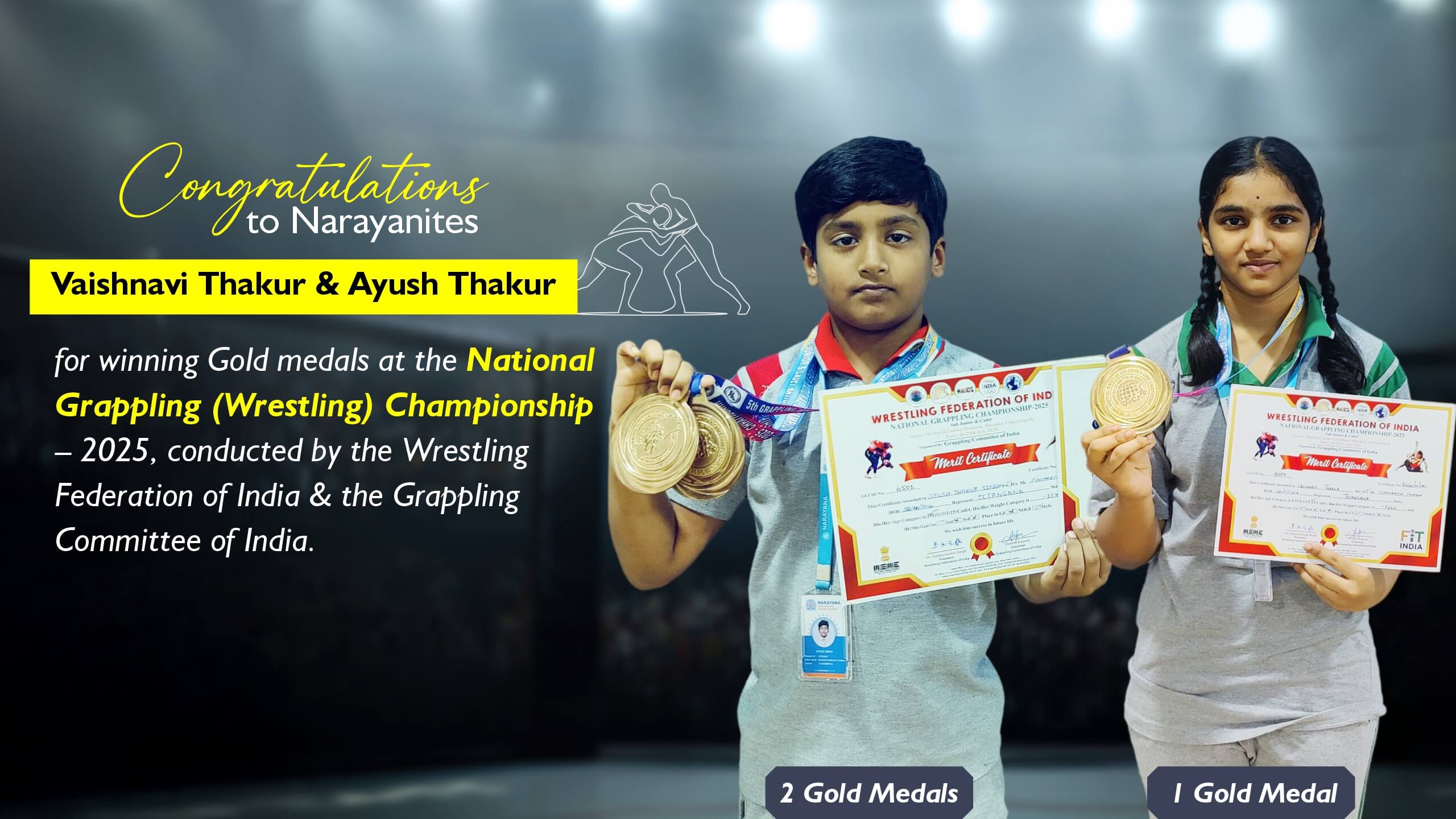 Narayana Schools' students shine with 3 Gold Medals at the National Grappling Championship 2025