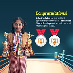 Student D. Radha Priya holding trophies and medals won in U-11 Taekwondo Championship on national and international stages