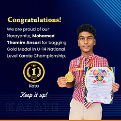 Narayana student Mohamed Thamim Ansari holding 1st place Kata gold medal and certificate in U-14 National Level Karate Championship