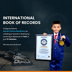 Young student Advait Vishnu Pandhare holding medal and International Book of Records certificate for 7 km skating record in 37 minutes